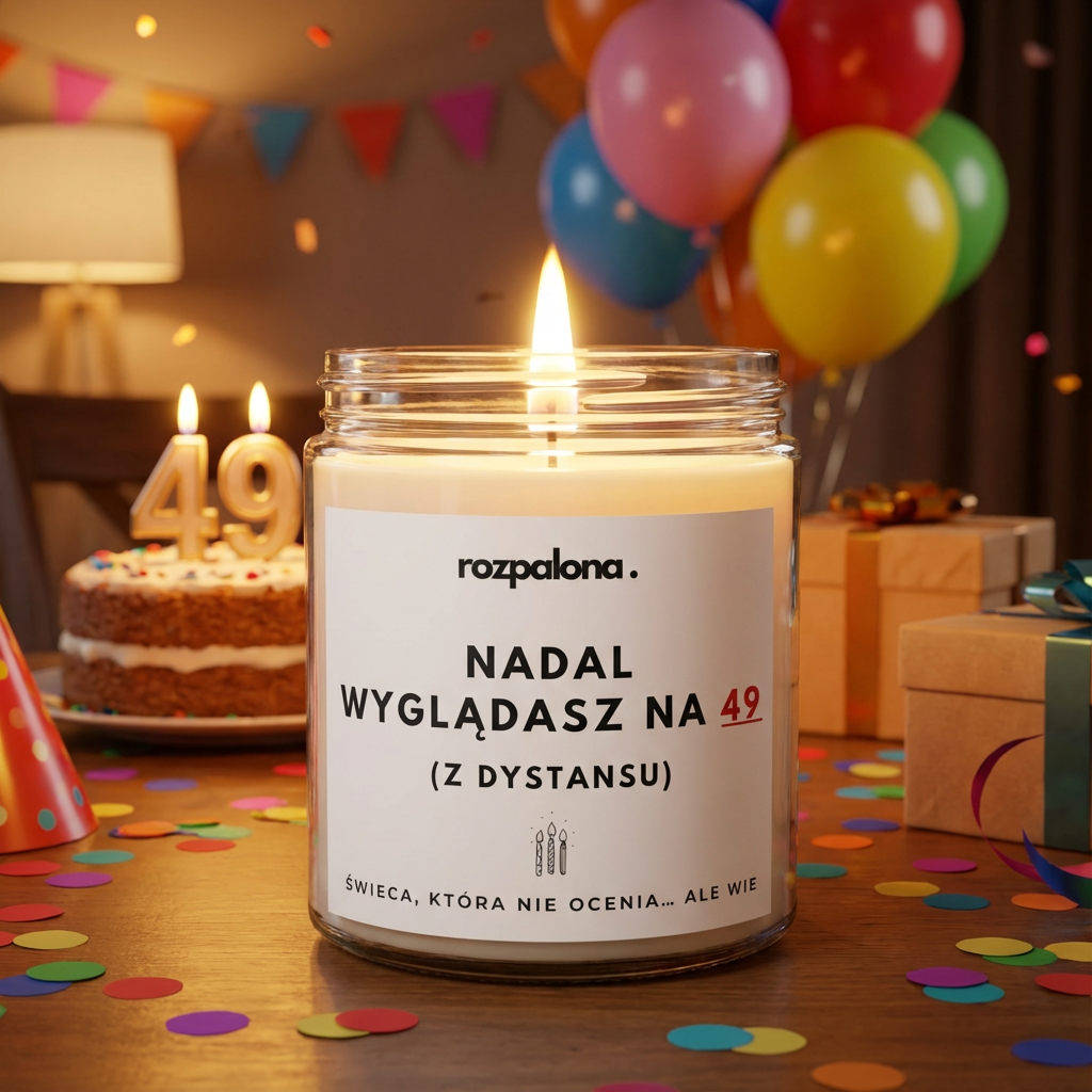 Świeca sojowa "NADAL WYGLĄDASZ NA 49 (Z DYSTANSU)"