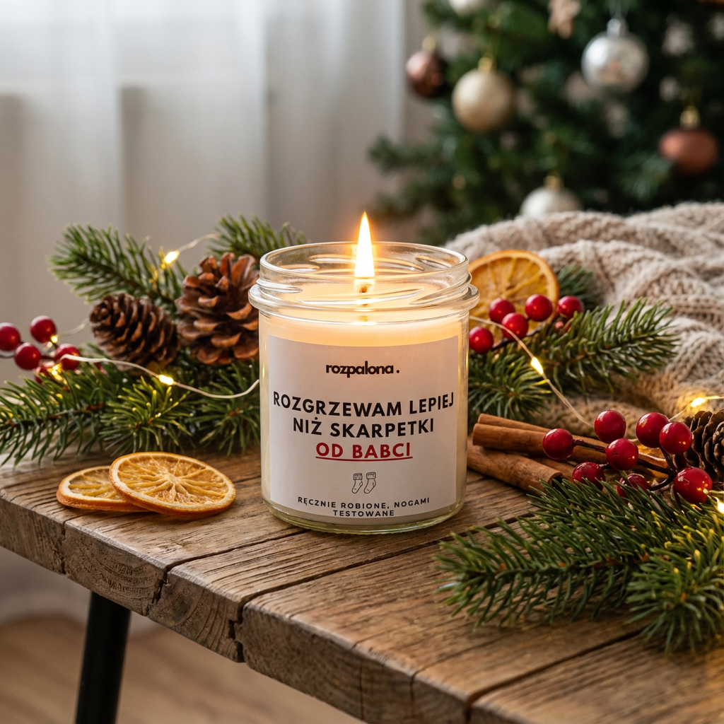 Świeca sojowa "ROZGRZEWAM LEPIEJ NIŻ SKARPETKI OD BABCI"