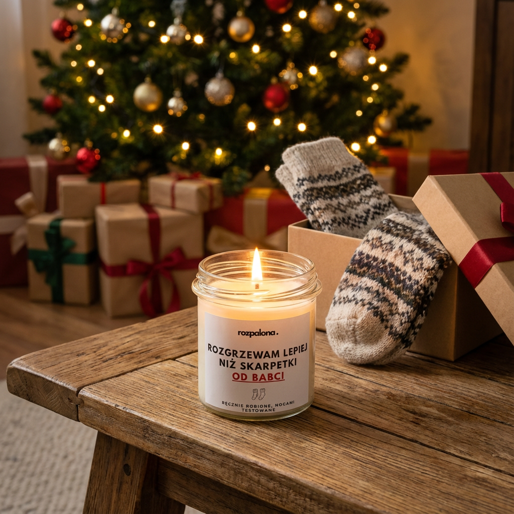 Świeca sojowa "ROZGRZEWAM LEPIEJ NIŻ SKARPETKI OD BABCI"
