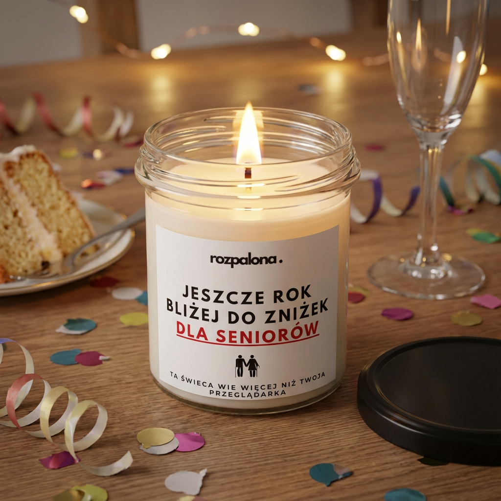 Świeca sojowa "JESZCZE ROK BLIŻEJ DO ZNIŻEK DLA SENIORÓW"