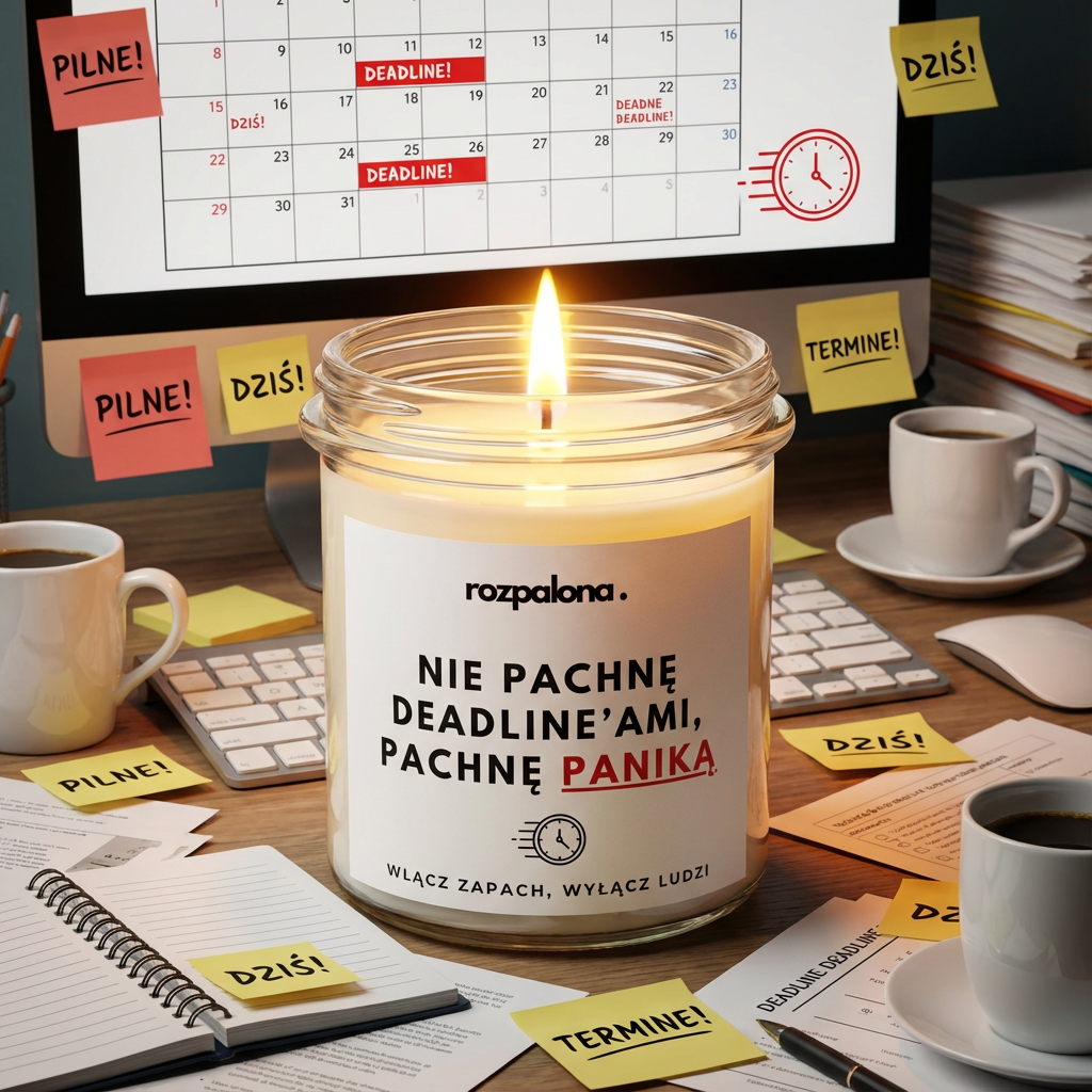 Świeca sojowa "NIE PACHNĘ DEADLINE’AMI, PACHNĘ PANIKĄ"