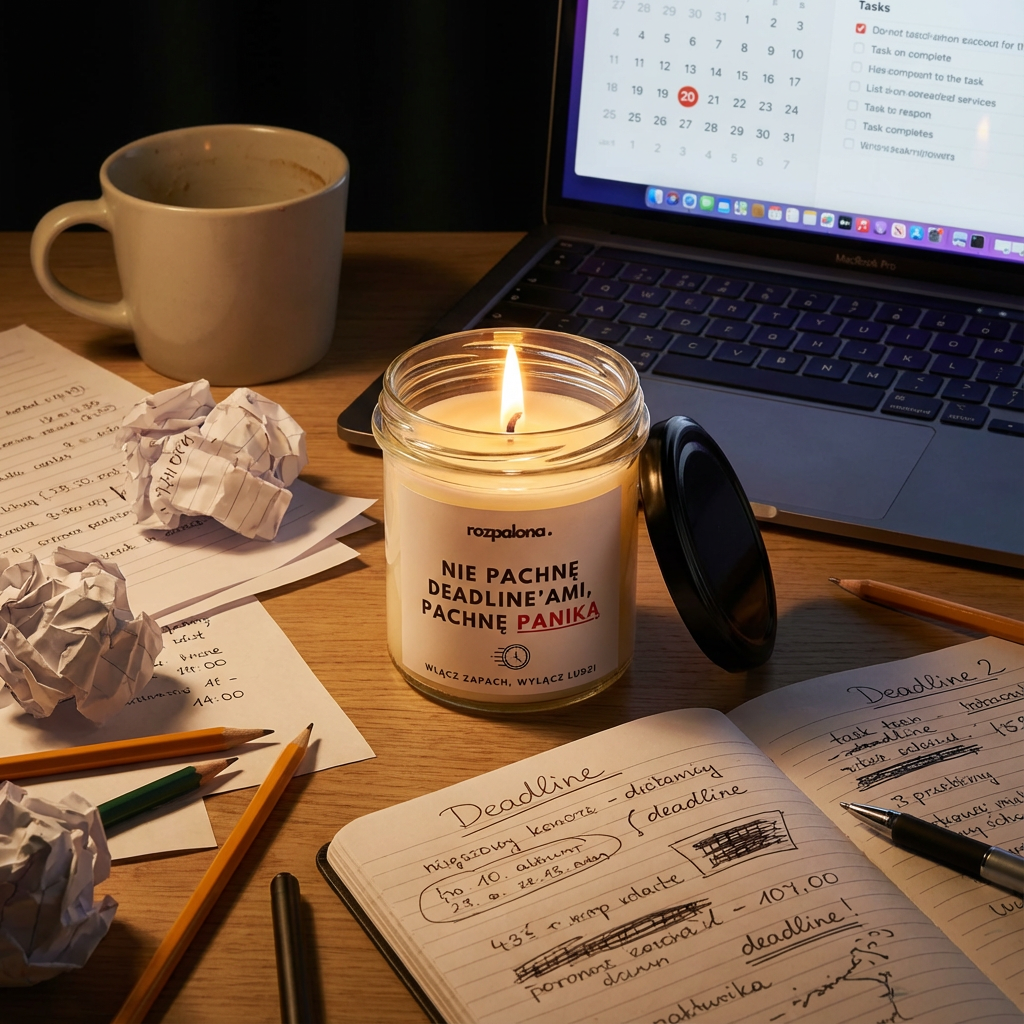 Świeca sojowa "NIE PACHNĘ DEADLINE’AMI, PACHNĘ PANIKĄ"