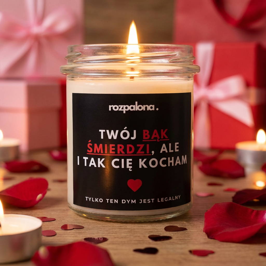 Świeca sojowa "TWÓJ BĄK ŚMIERDZI, ALE I TAK CIĘ KOCHAM"