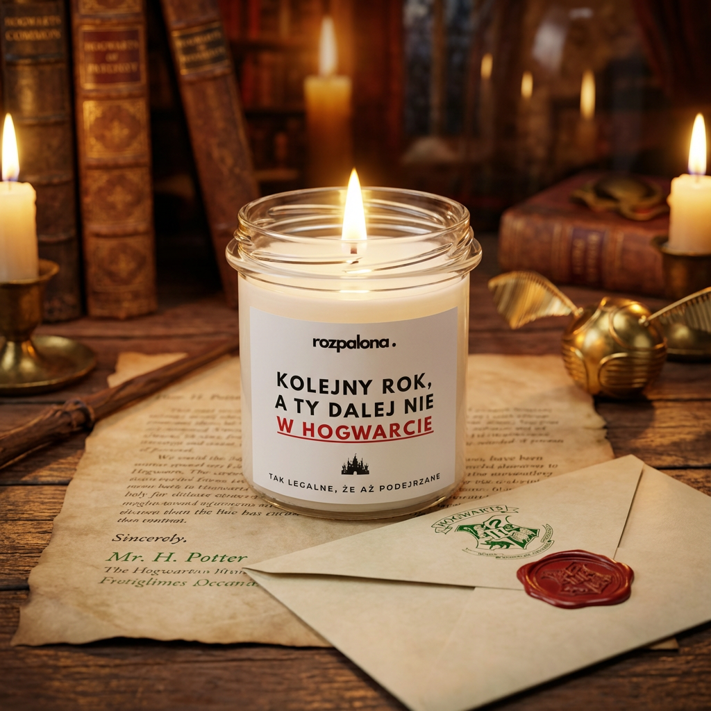 Świeca sojowa "KOLEJNY ROK, A TY DALEJ NIE W HOGWARCIE!"