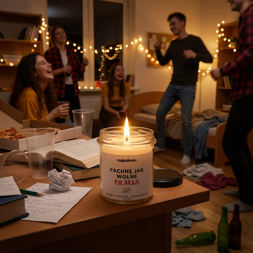 Świeca sojowa "PACHNĘ JAK WOLNE PO SESJI"